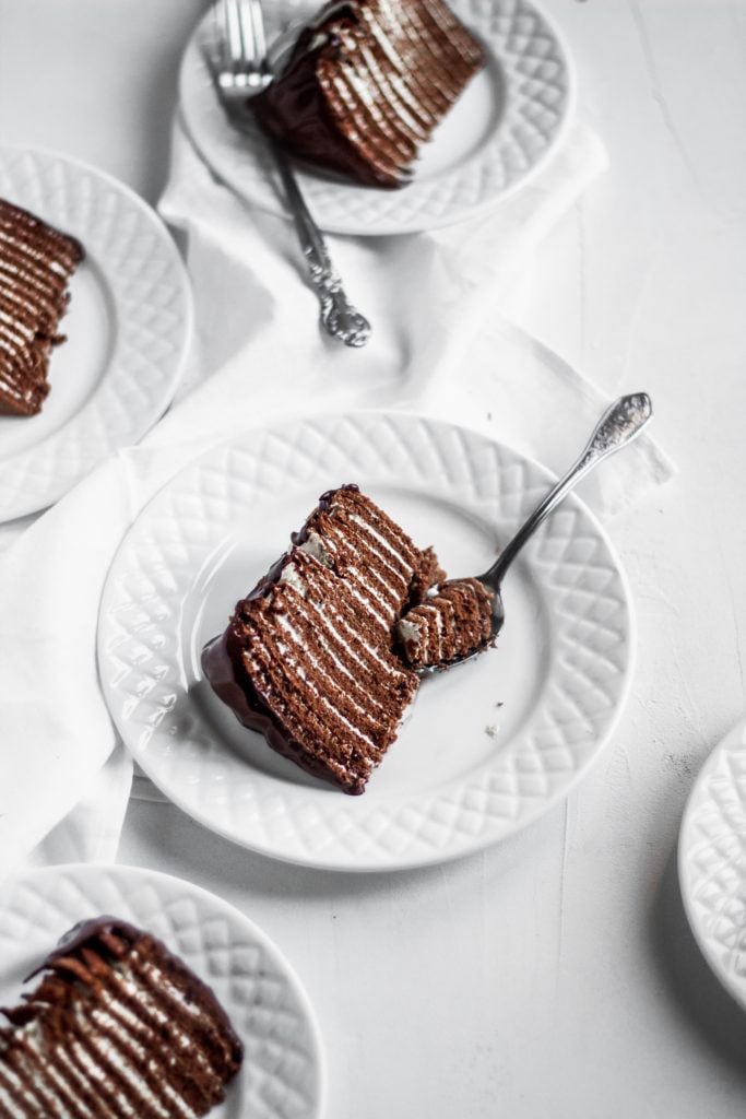 dobos, chocolate cake vanilla cream and chocolate ganache