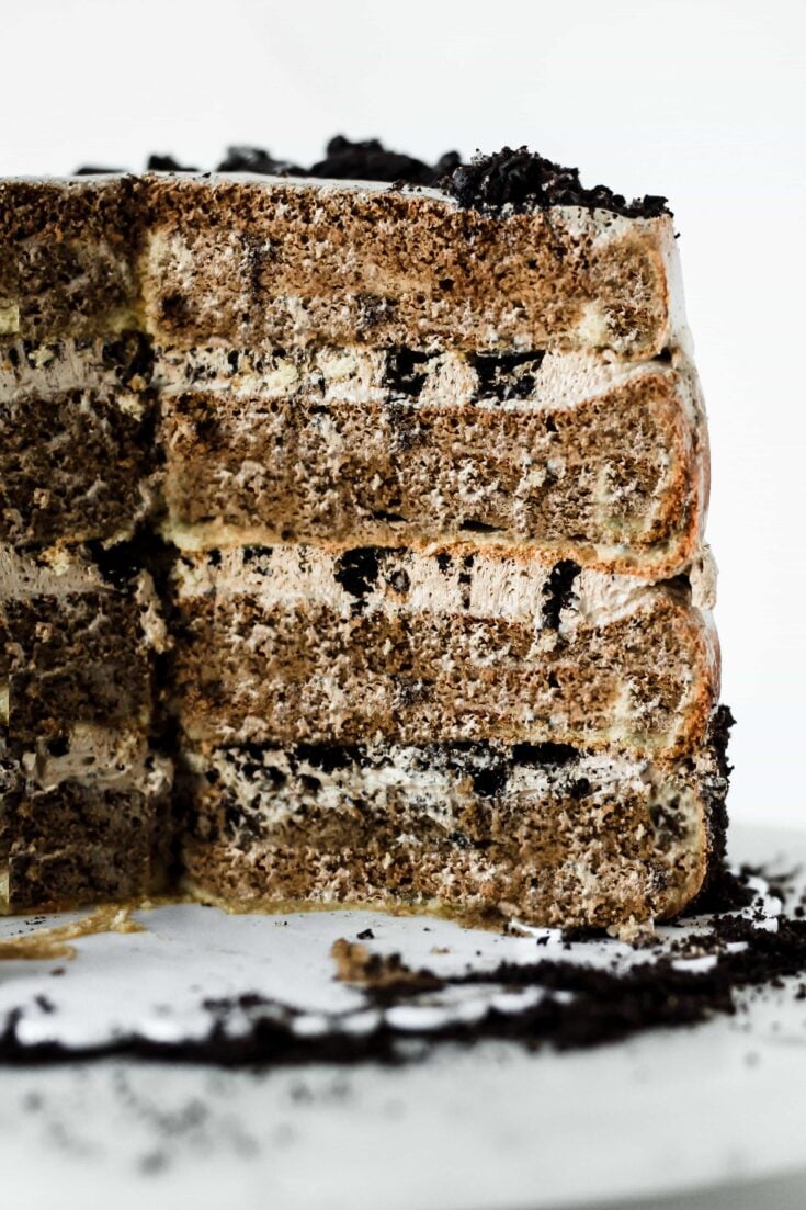 sliced coffee cake with oreos