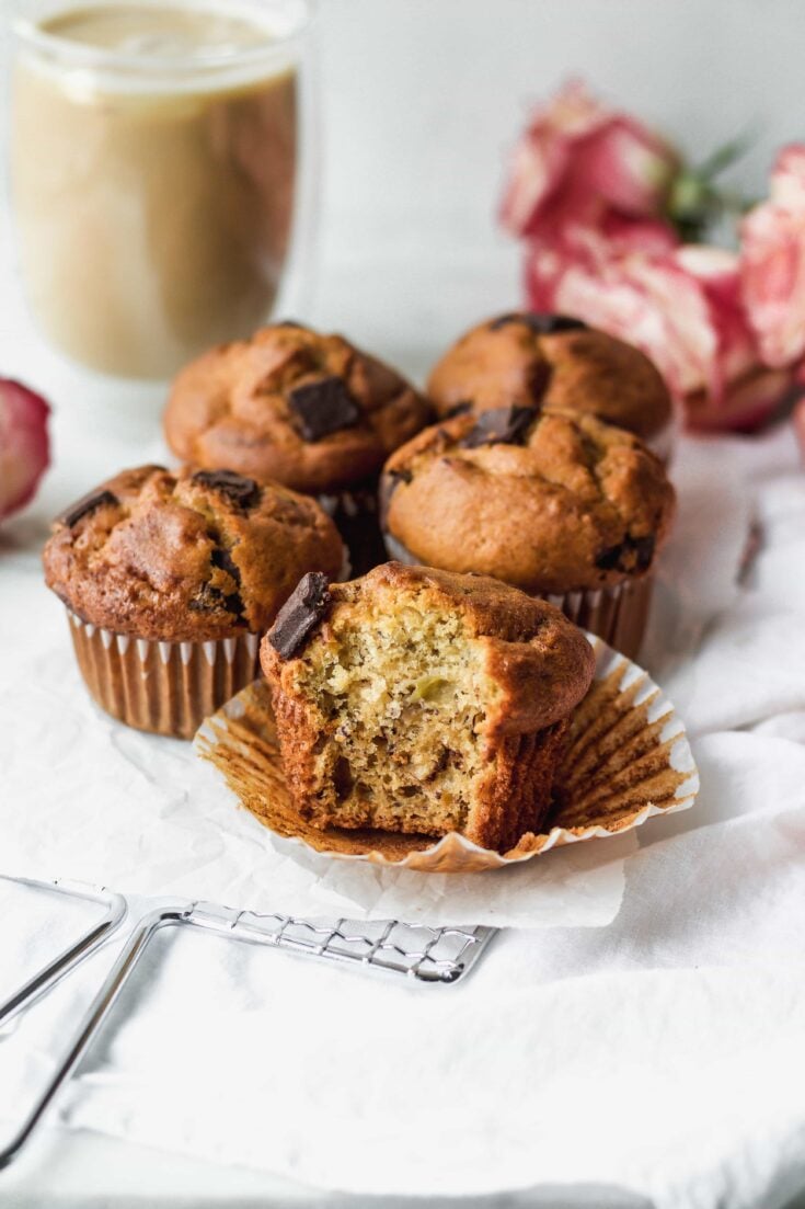 banana chocolate chip muffins with a bite taken out