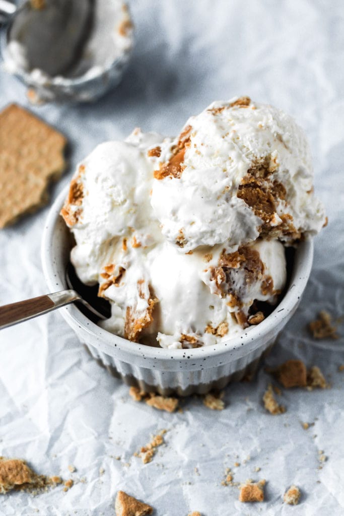 caramel cheesecake ice cream in a bowl