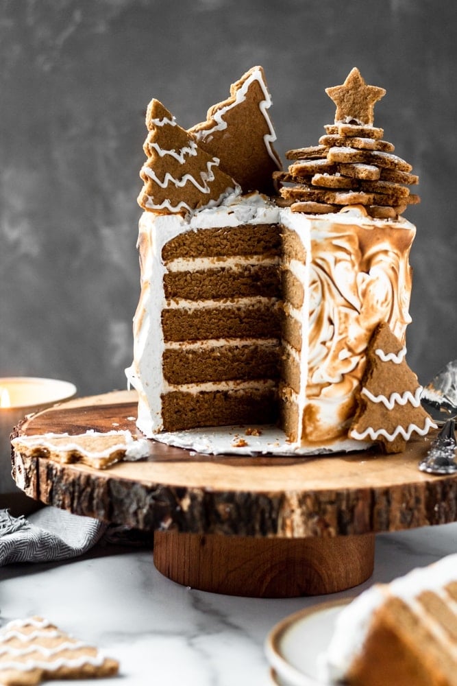 gingerbread cake with cream cheese frosting and toasted vanilla meringue