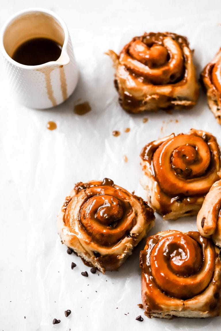 Chocolate chip sticky buns with dulce de leche filling