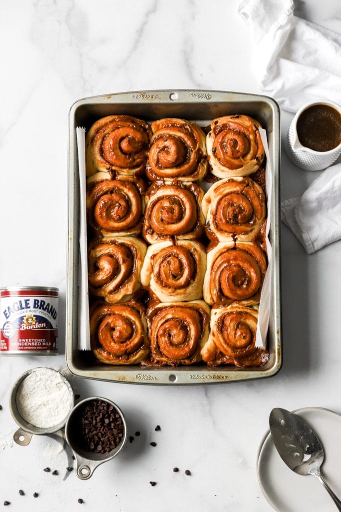 chocolate chip dulce de leche sticky buns made with sweentened condensed milk