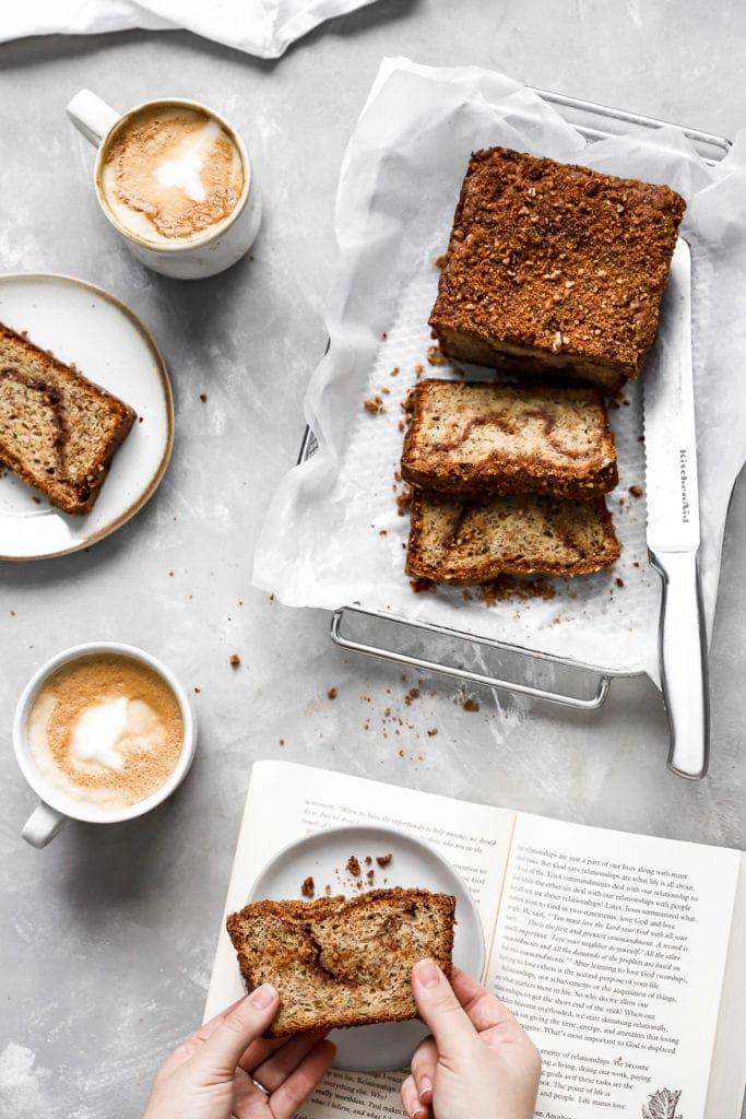 banana bread with cinnamon pecan swirl