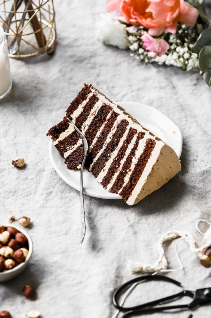 chocolate layer cake with coffee swiss meringue buttercream