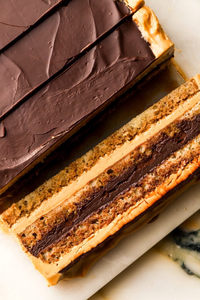 close up of a slice of opera cake showing all the layers