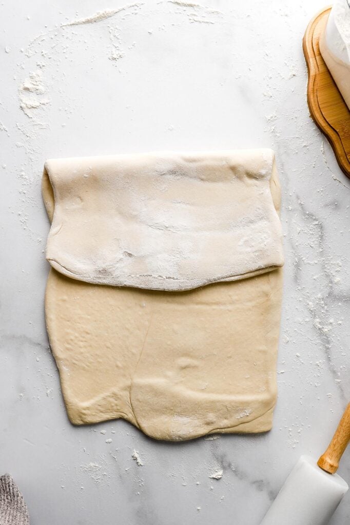 roll the dough out again and fold it into thirds 3x (refrigerating in between)