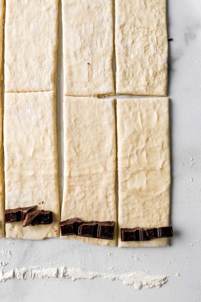 place chocolate on the end of each rectangle