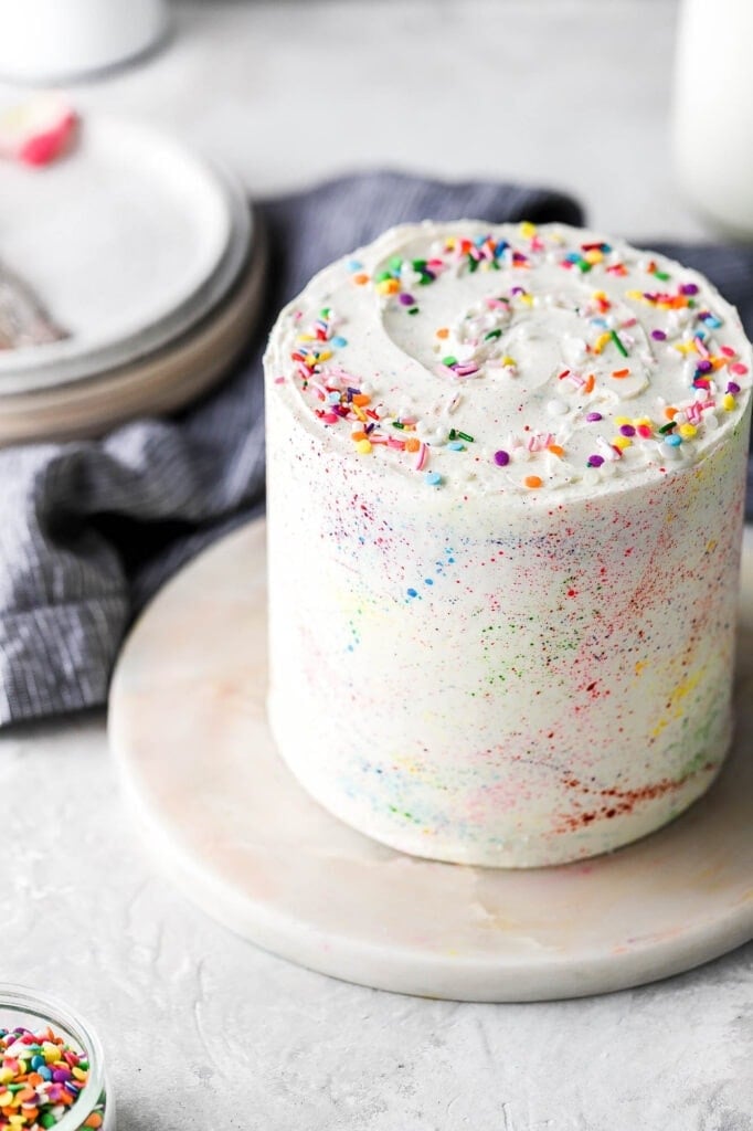 funfetti cake with paint splatters