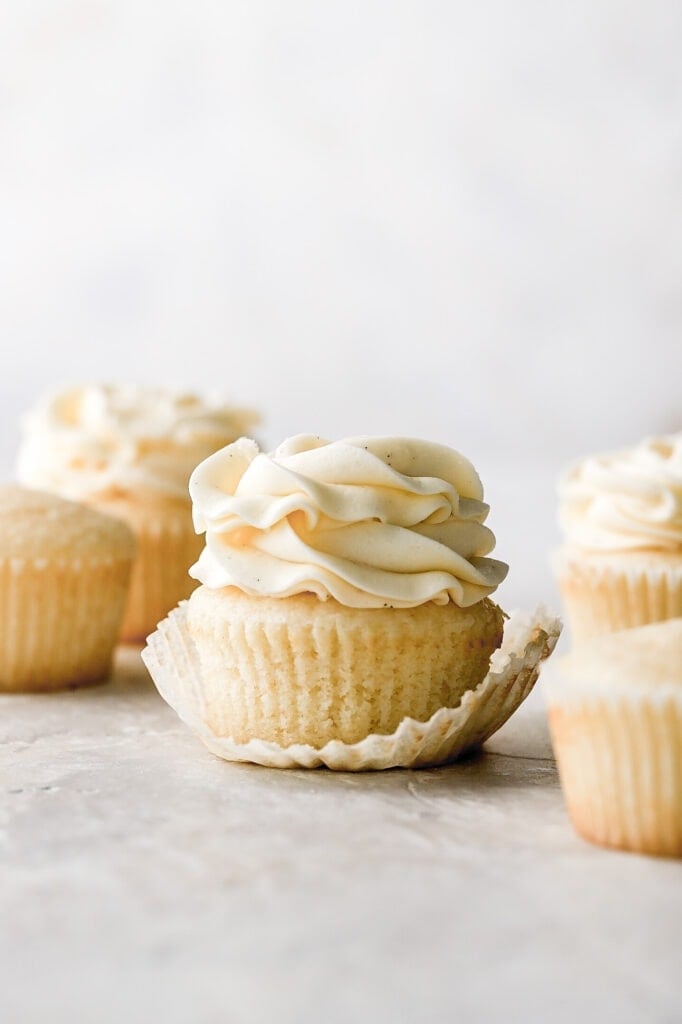 small batch vanilla cupcakes with vanilla frosting
