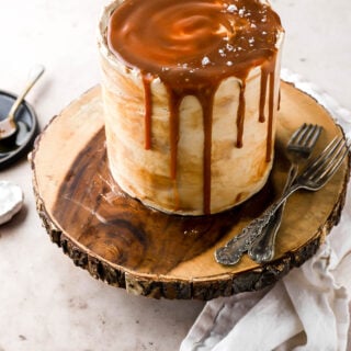 layer cake with vanilla buttercream and bourbon salted caramel sauce