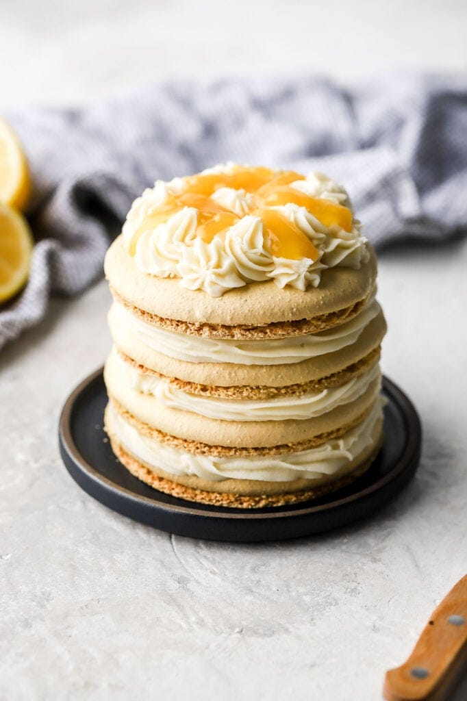 macaron cake with cream cheese frosting and lemon curd