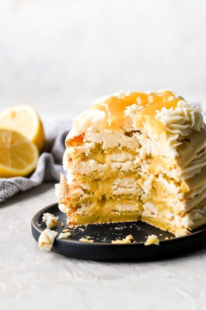 macaron cake with cream cheese frosting and lemon curd