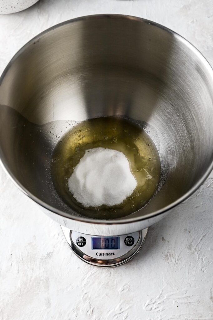 weigh out sugar over 3 large egg whites