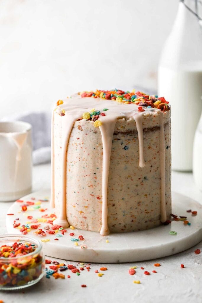 fruity pebble cake with cereal milk glaze