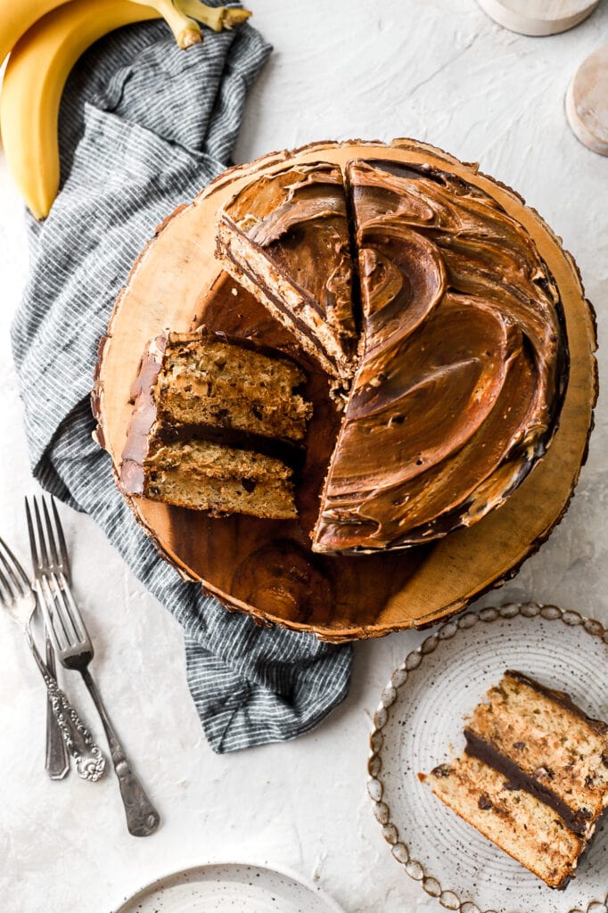 chocolate chip peanut butter banana cake sliced, overhead shot