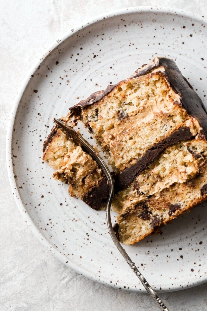 peanut butter banana chocolate chip cake slice with fork