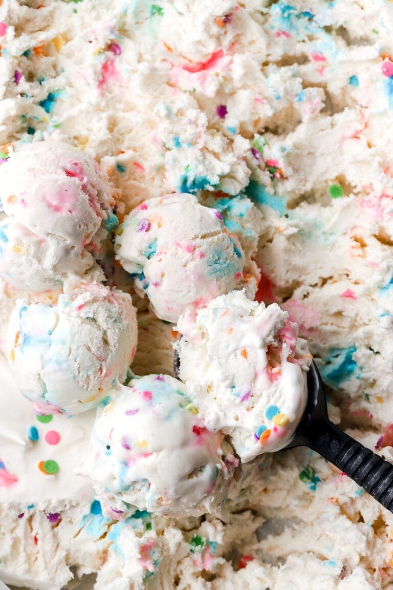 no churn cotton candy ice cream scoops with sprinkles