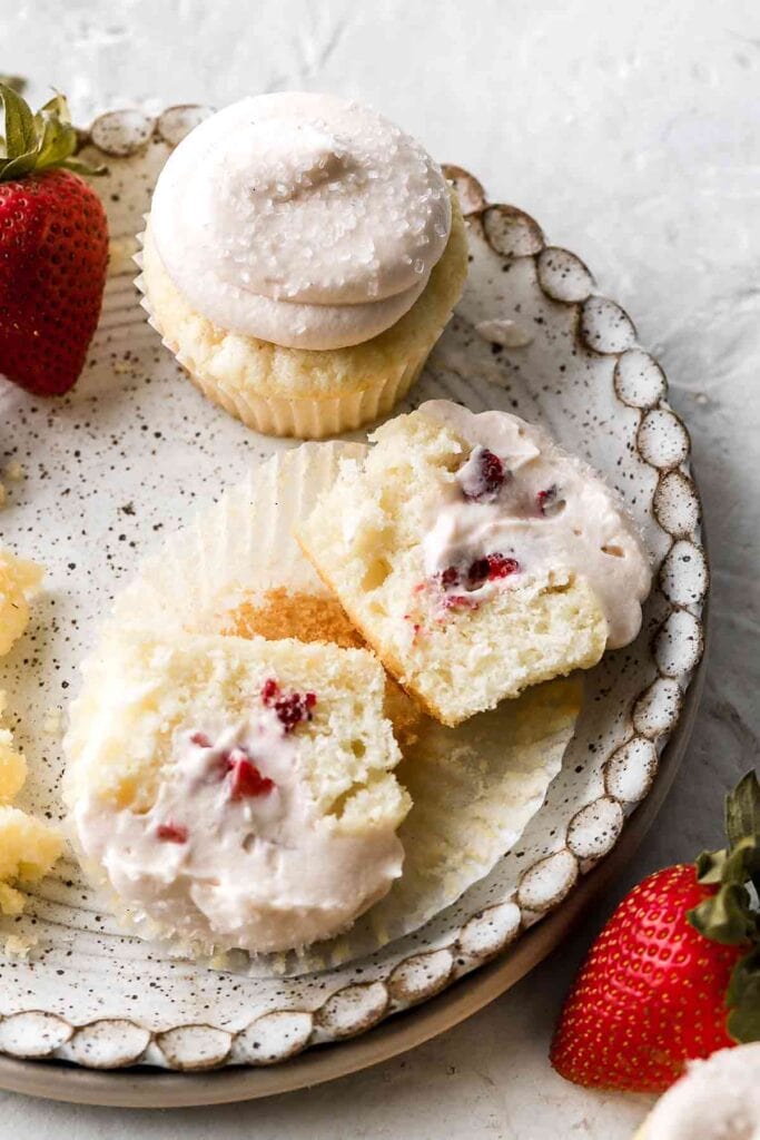 strawberries and cream cupcake cut in half