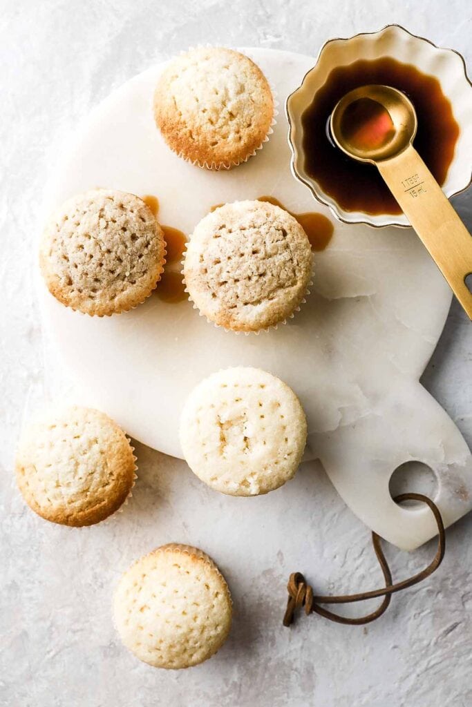 vanilla cupcake with wholes poked and coffee soak