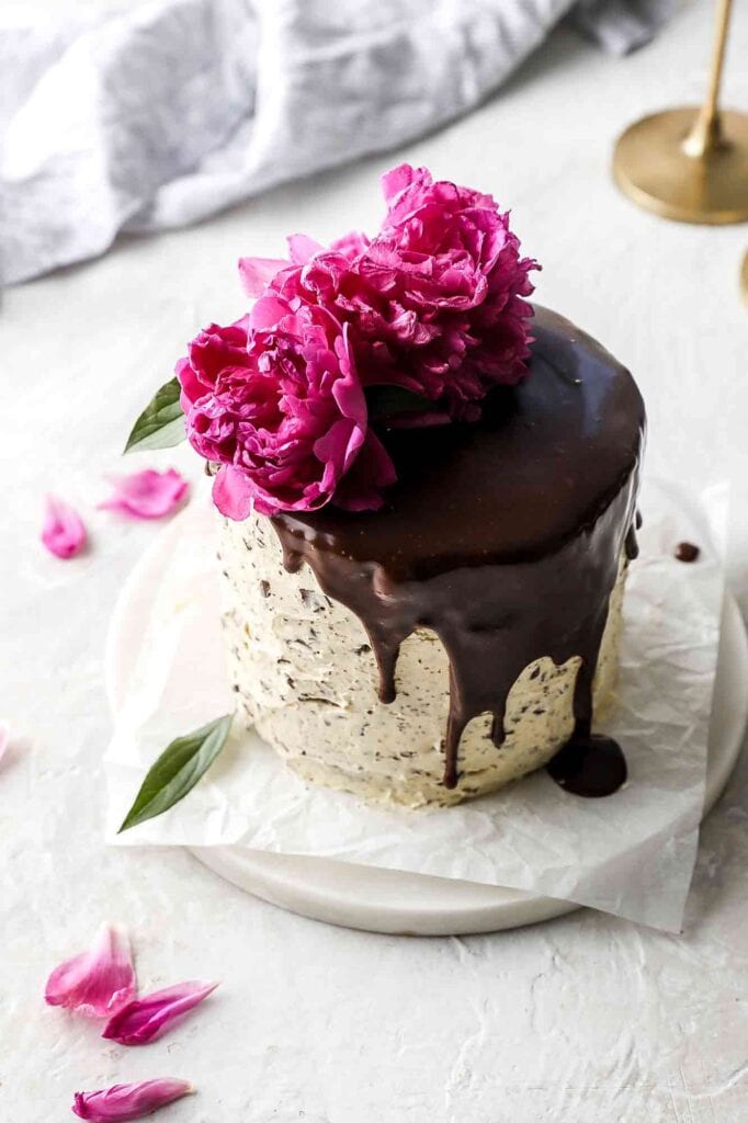 chocolate almond cake with pink flowers