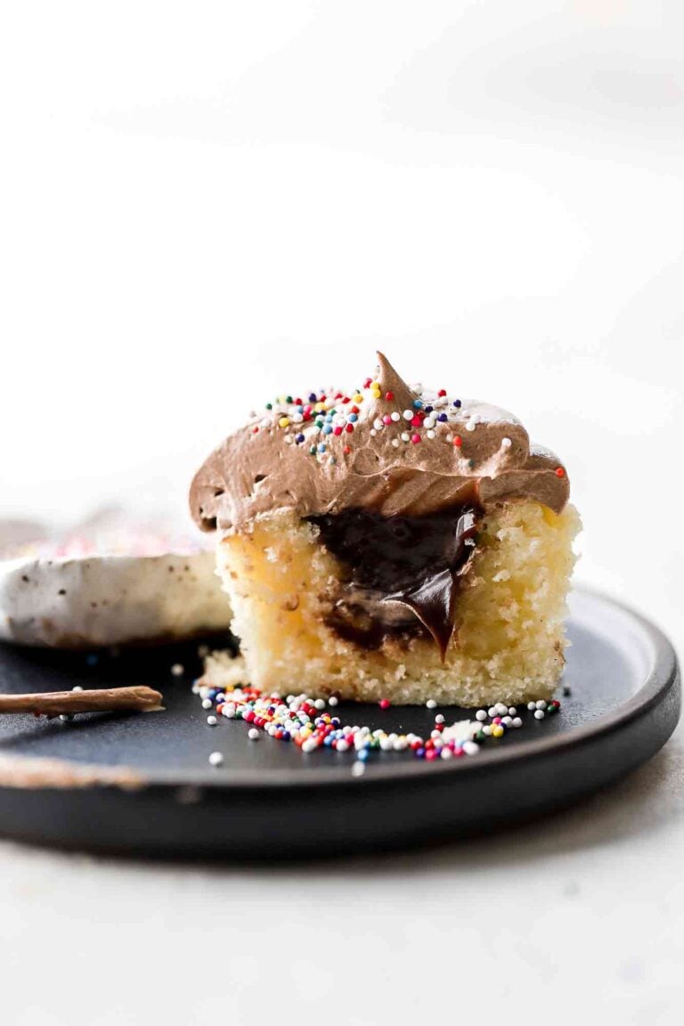 vanilla cupcake with milk chocolate ganache filling and chocolate buttercream