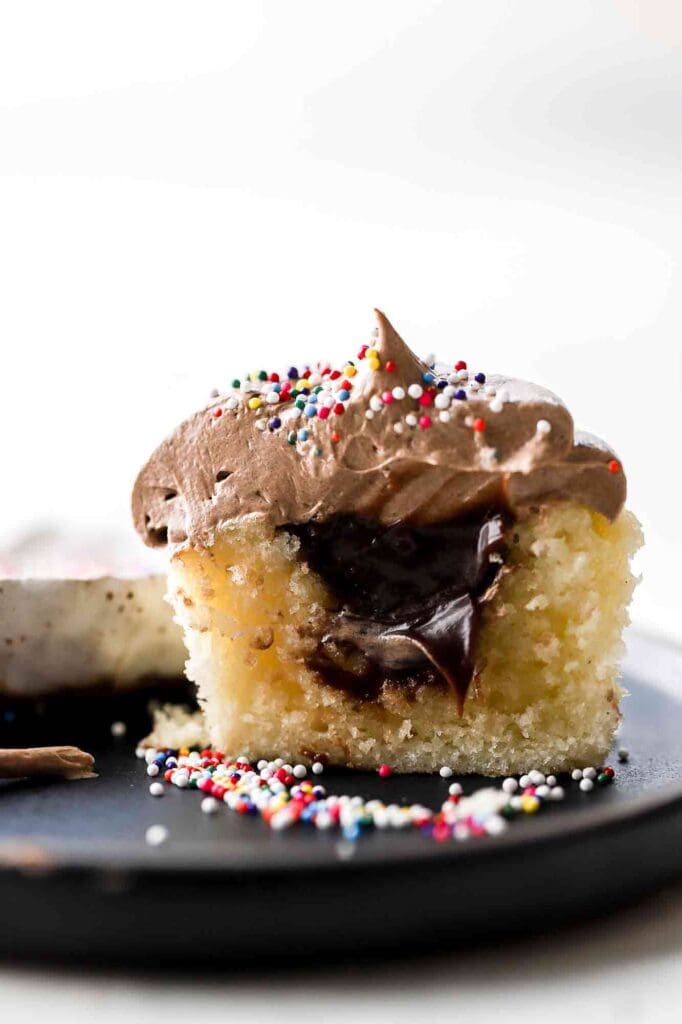 birthday cake cupcakes with milk chocolate ganache filling