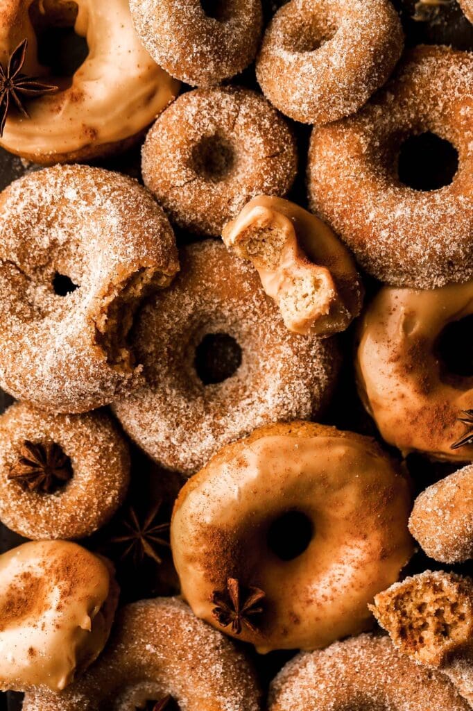 apple cider donuts with chai spiced sugar and caramel glaze