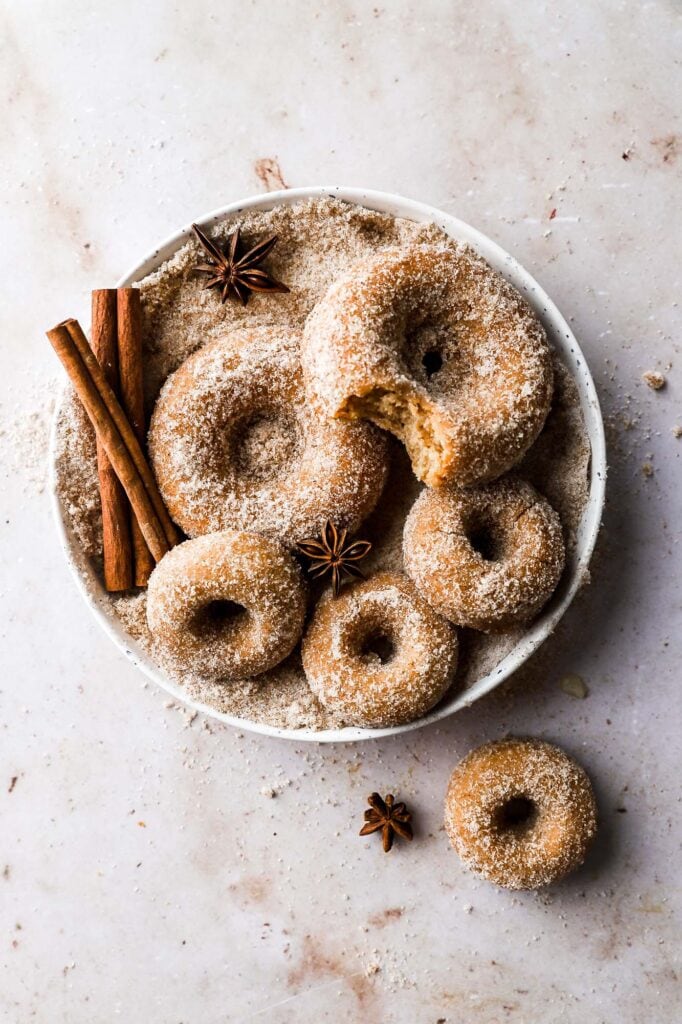 chai spiced apple cider donuts in a bowl