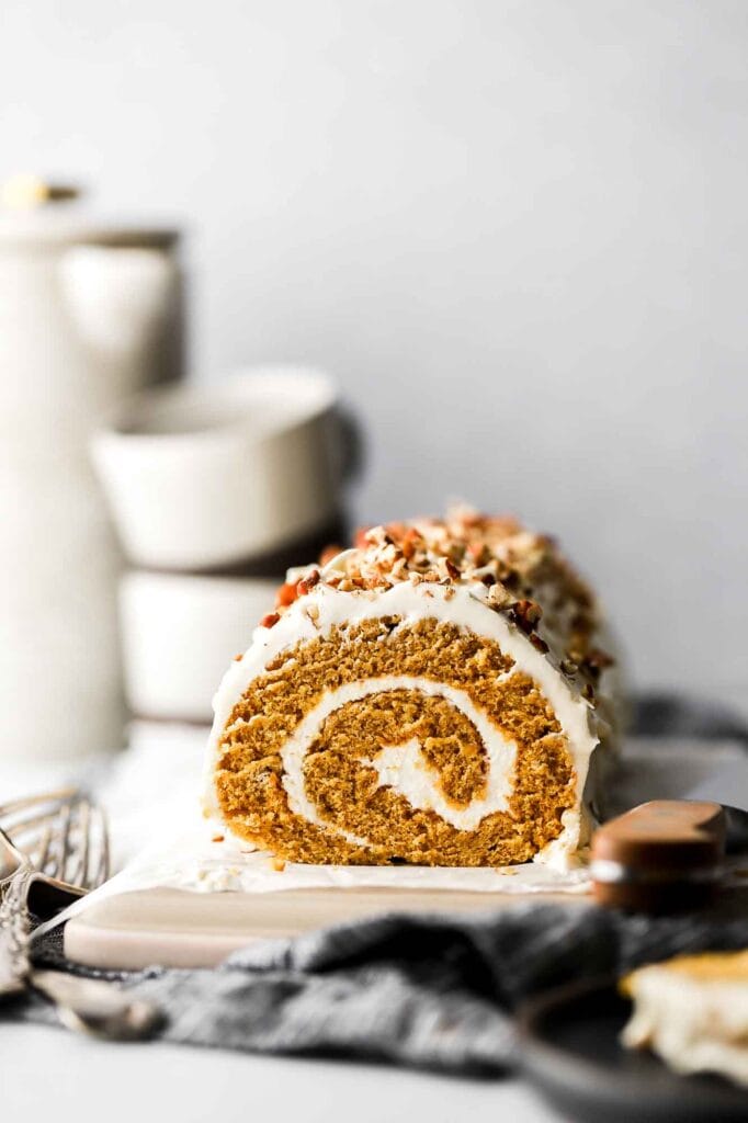 pumpkin sponge cake roll with cream cheese frosting