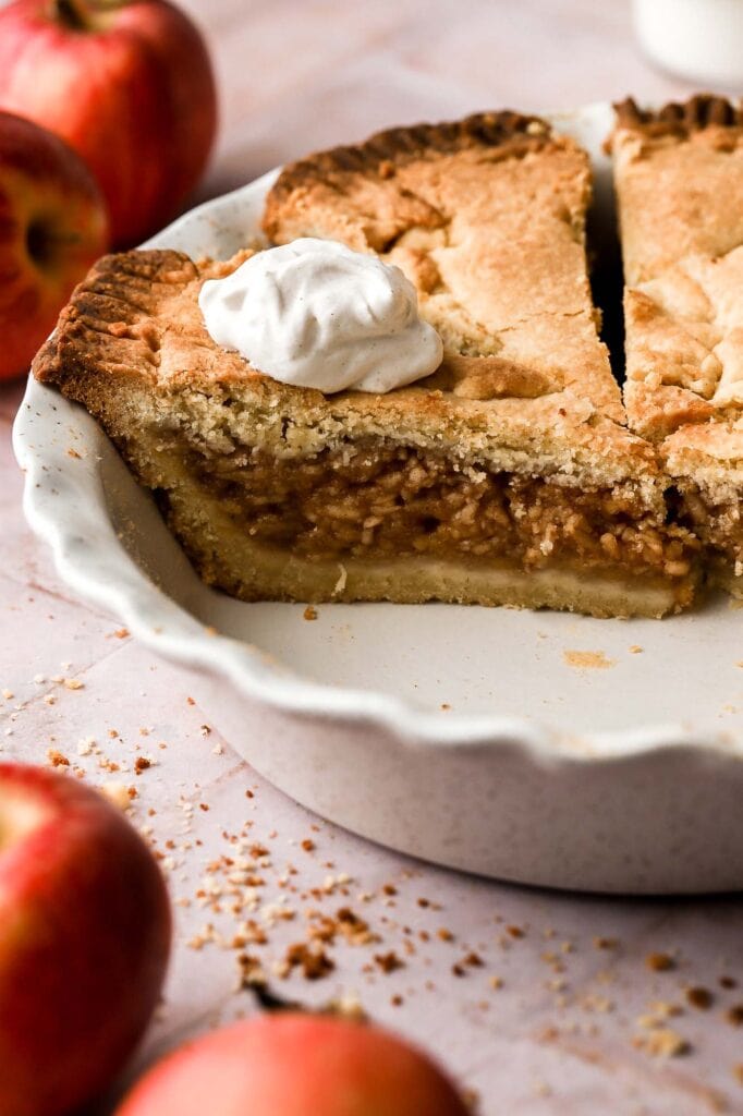 close up of rustic apple pie with shredded apple mixture