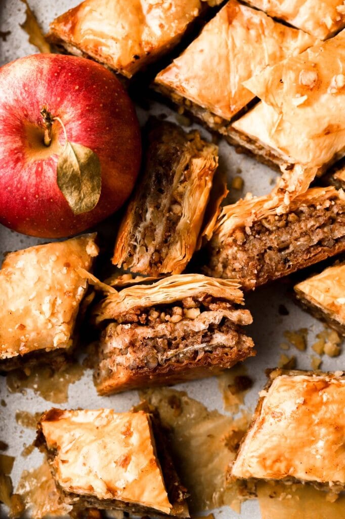 close up apple baklava with red apple