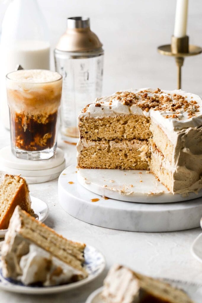 brown sugar espresso cake with slices cut out