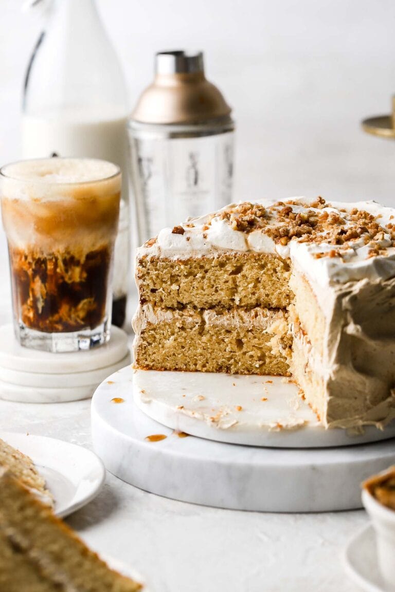 brown sugar espresso cake with slices cut out