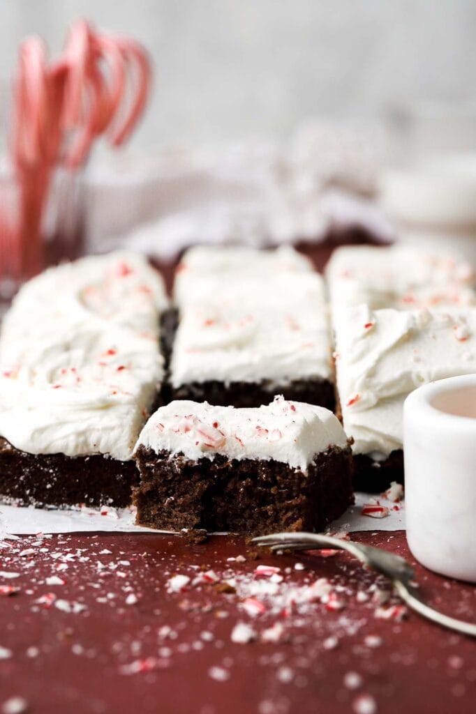 chocolate cake with white chocolate peppermint frosting
