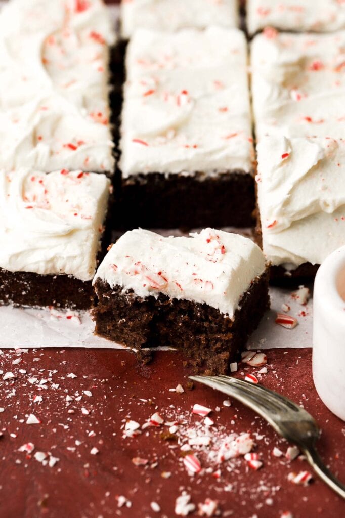 close up of chocolate peppermint cake with a bite taken out