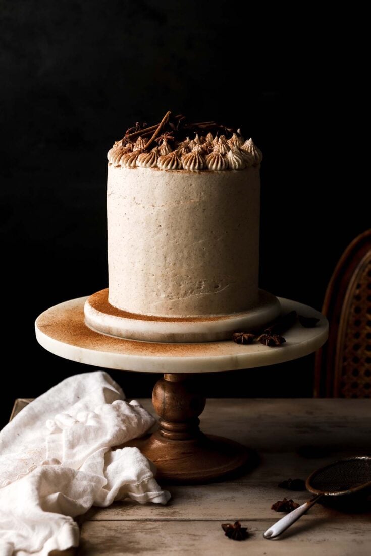 vanilla chai cake on cake stand