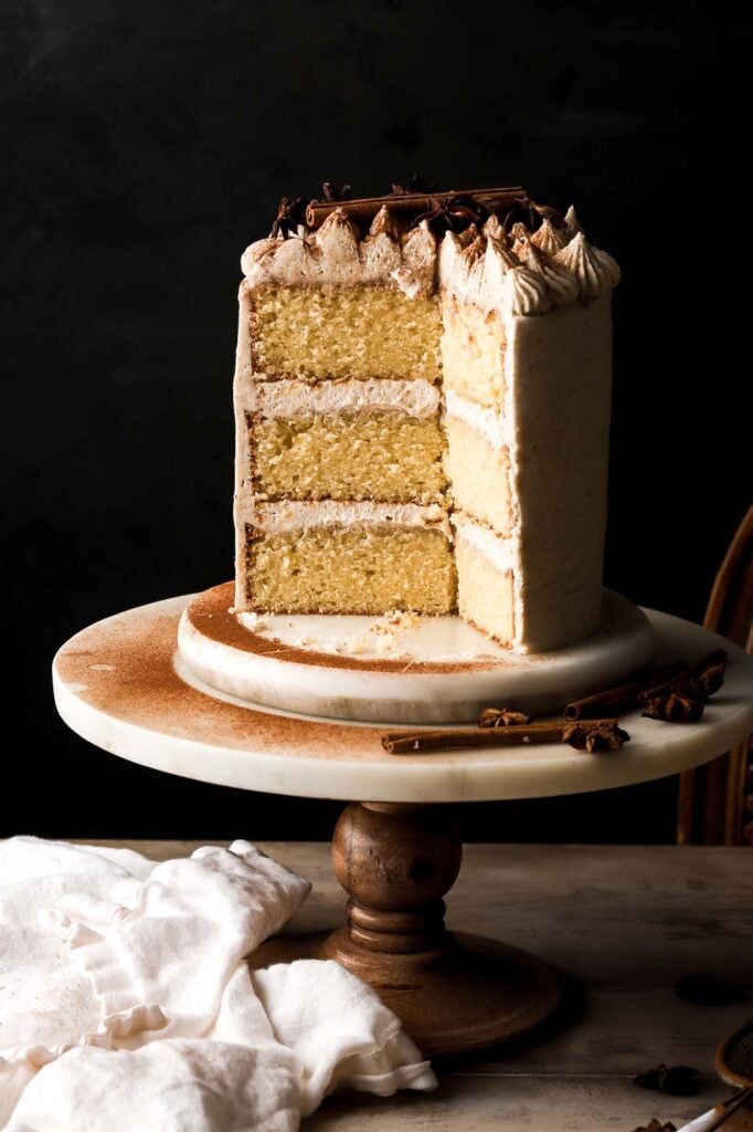 vanilla chai cake with slices removed