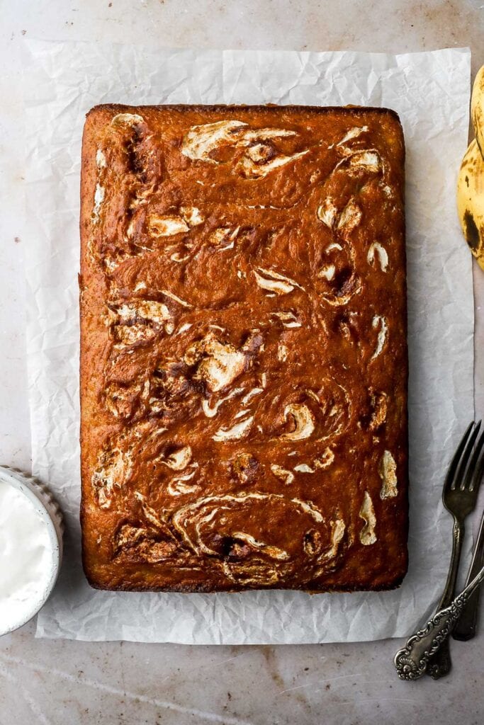 banana cake with marshmallow fluff swirls