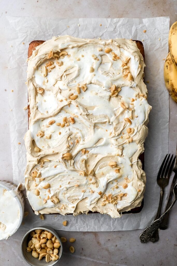 banana cake with peanut butter swiss meringue buttercream and marshmallow fluff
