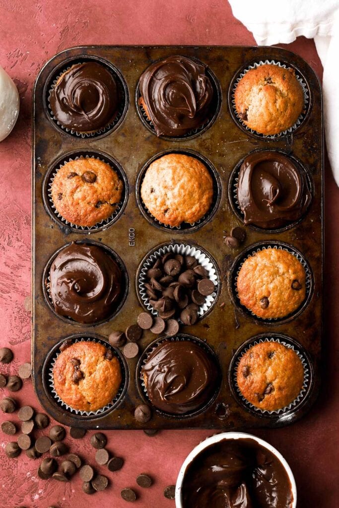 banana chocolate chip cupcakes with chocolate ganache frosting