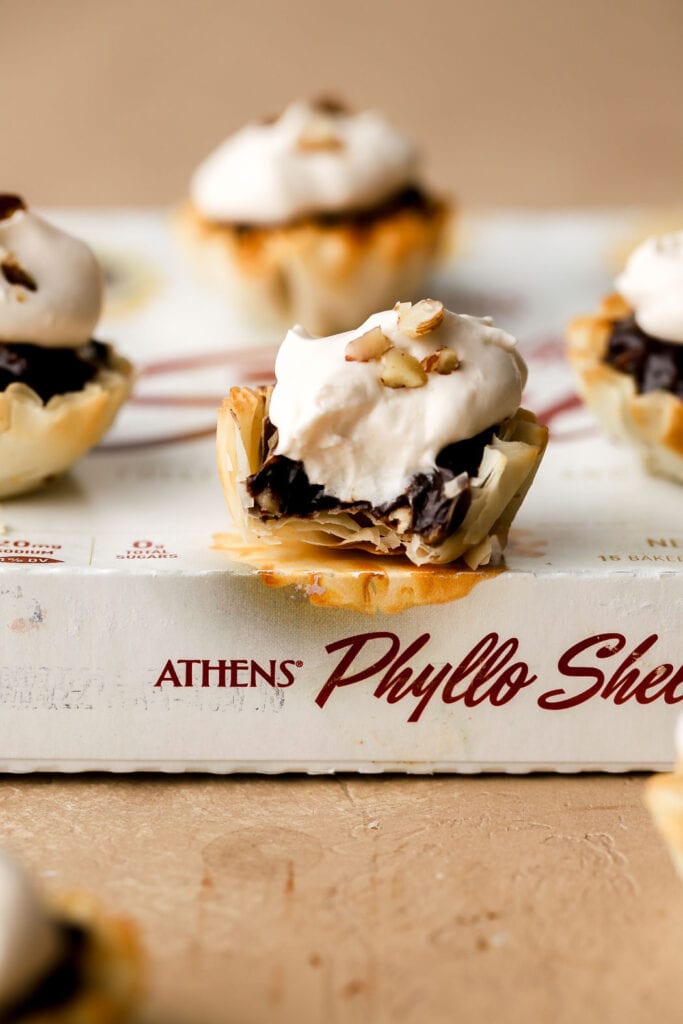 bite of chocolate praline pie on athens phyllo shells box