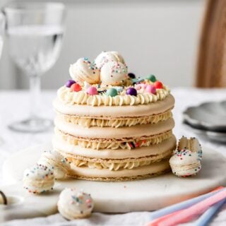 macaron birthday cake with mini macarons on top