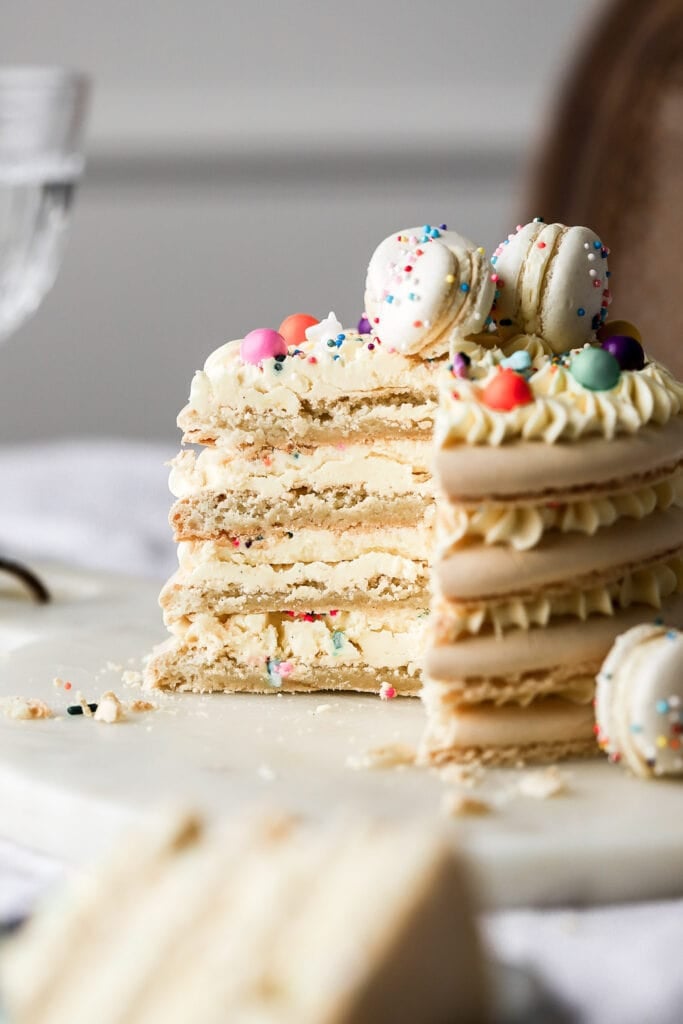 macaron birthday cake inside shot