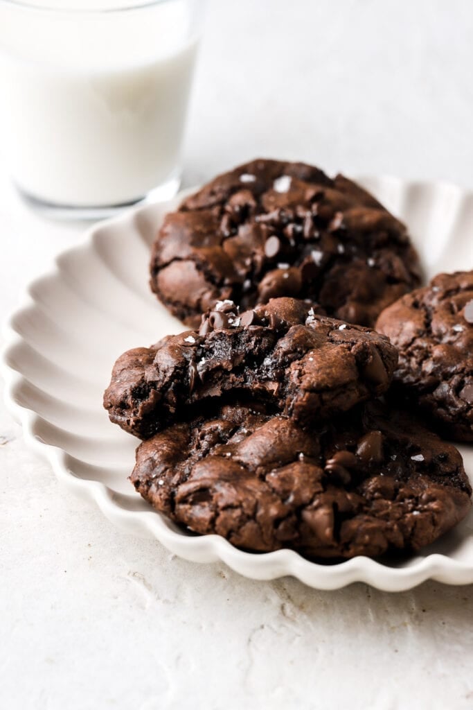 small batch chocolate cookies with bite taken out