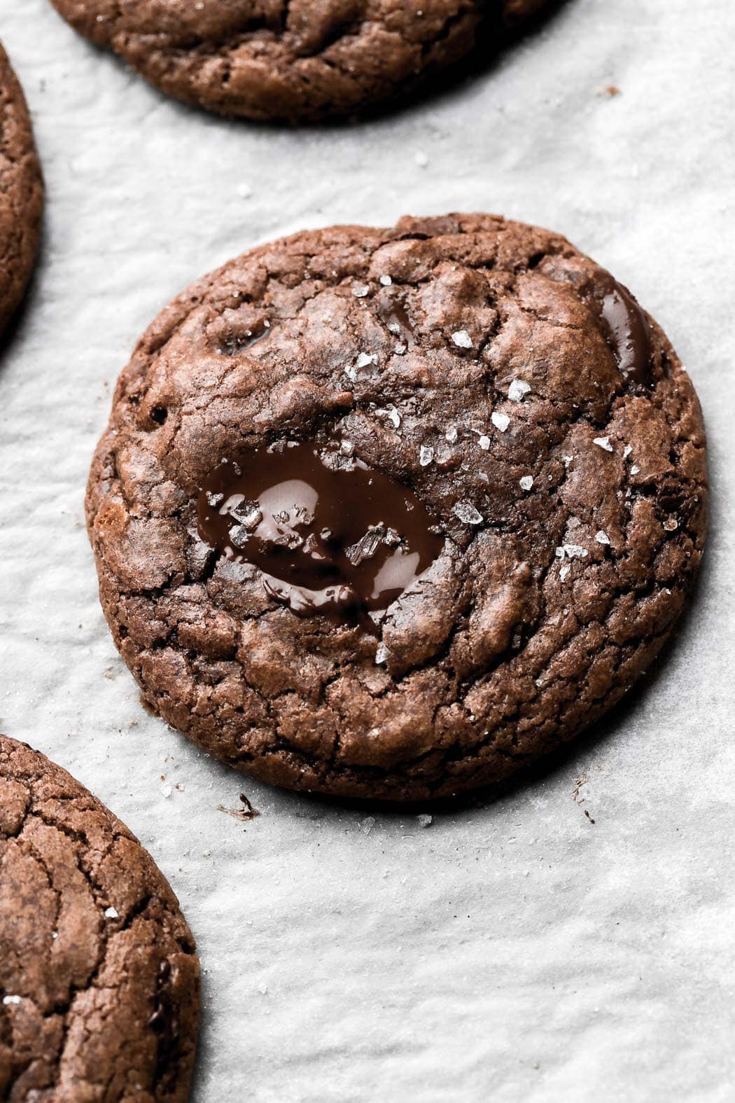 small batch chocolate cookies with chocolate puddles and sea salt