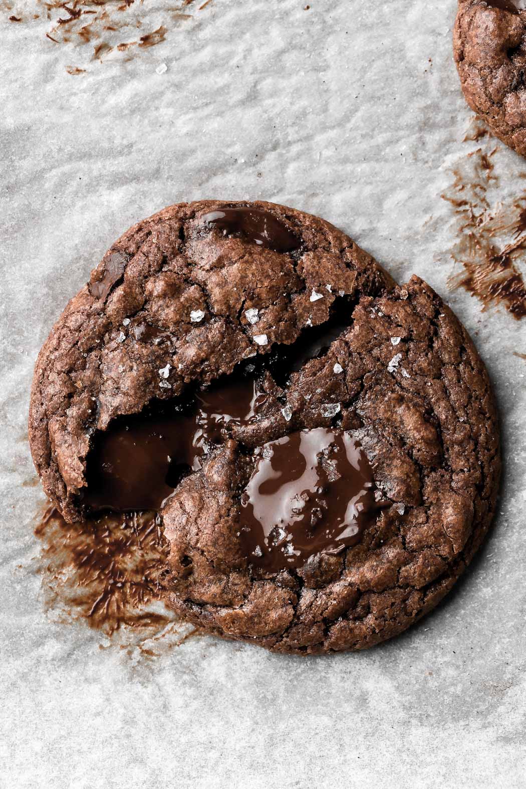 small batch chocolate cookies with chocolate puddles and sea salt