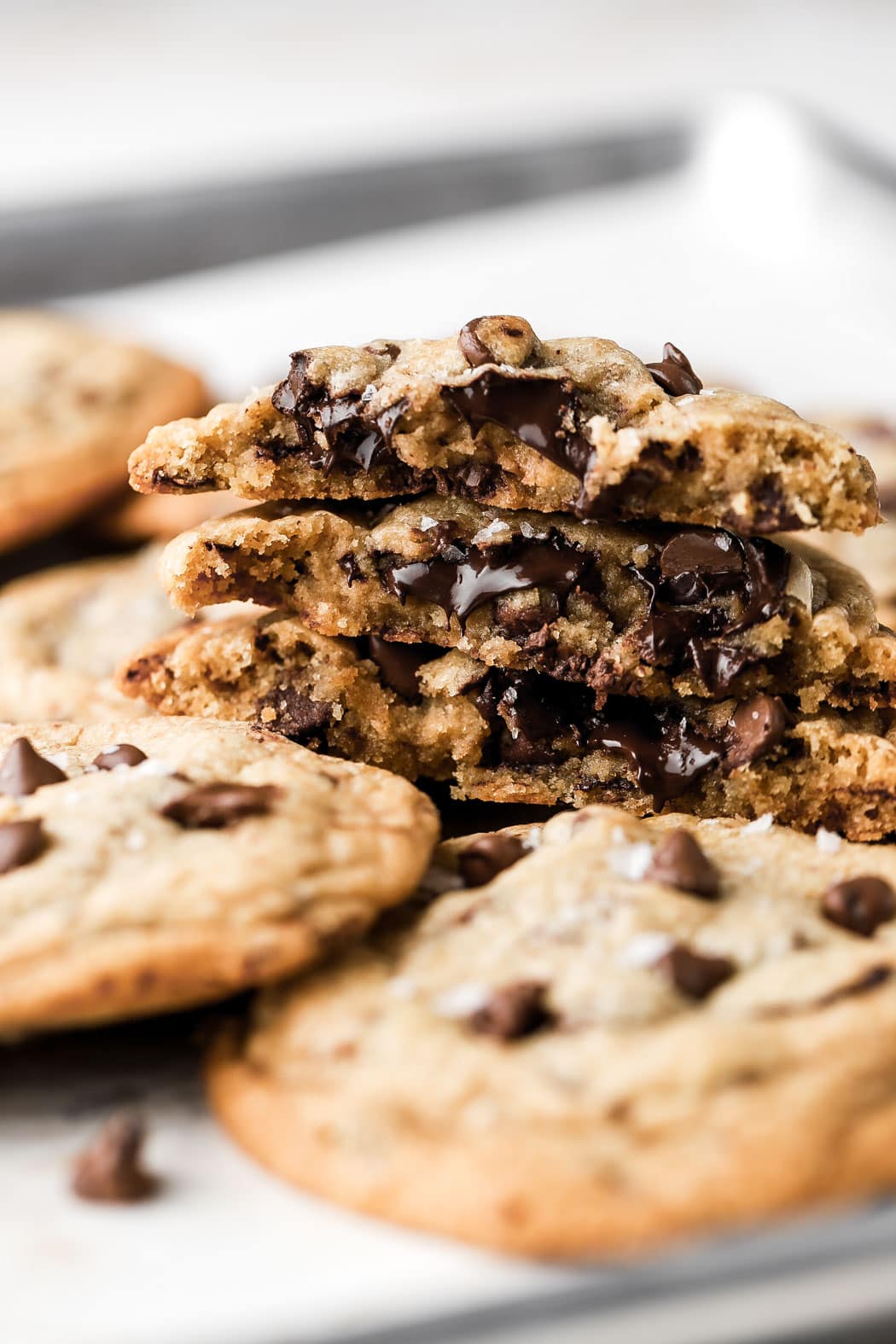 bakery style chocolate chip cookies side shot with melted chocolate