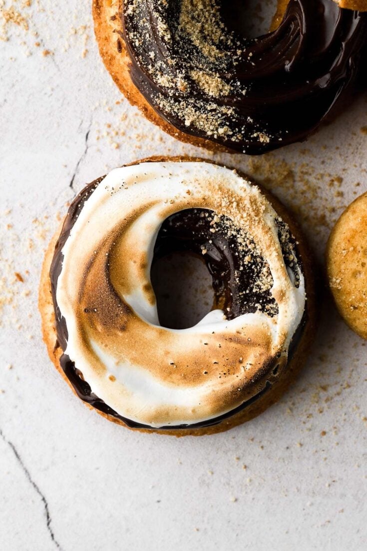 s'mores donuts with chocolate ganache and toasted marshamllow fluff