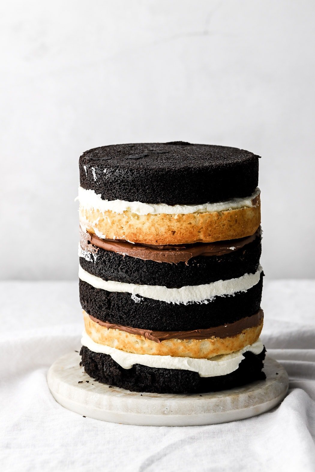 naked/unfrosted tuxedo cake with 11 layers